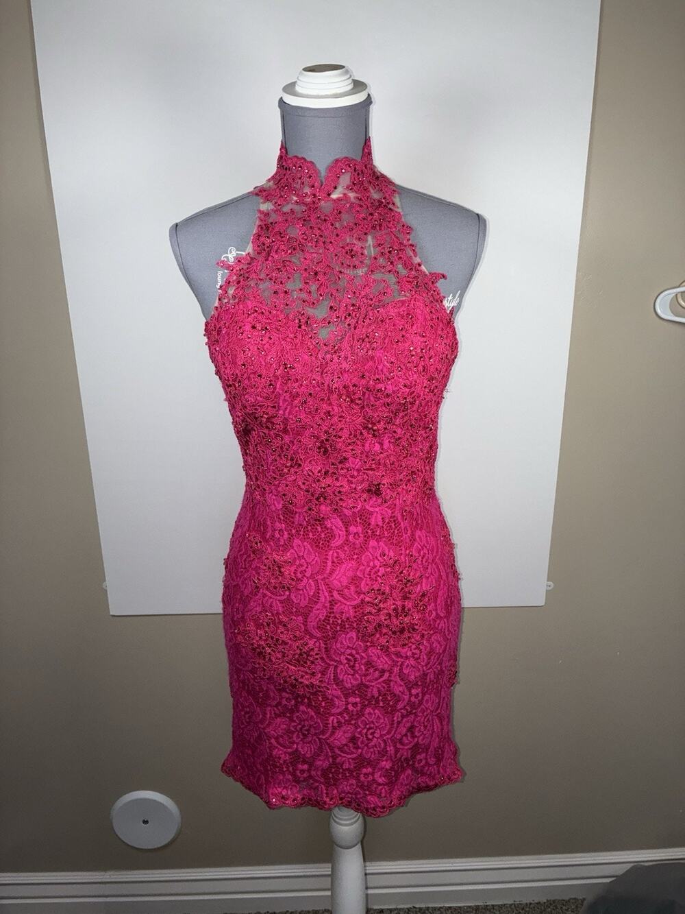 Mori Lee 5/6 Hot Pink Beaded Lace Halter Cocktail Dress Open Back Homecoming